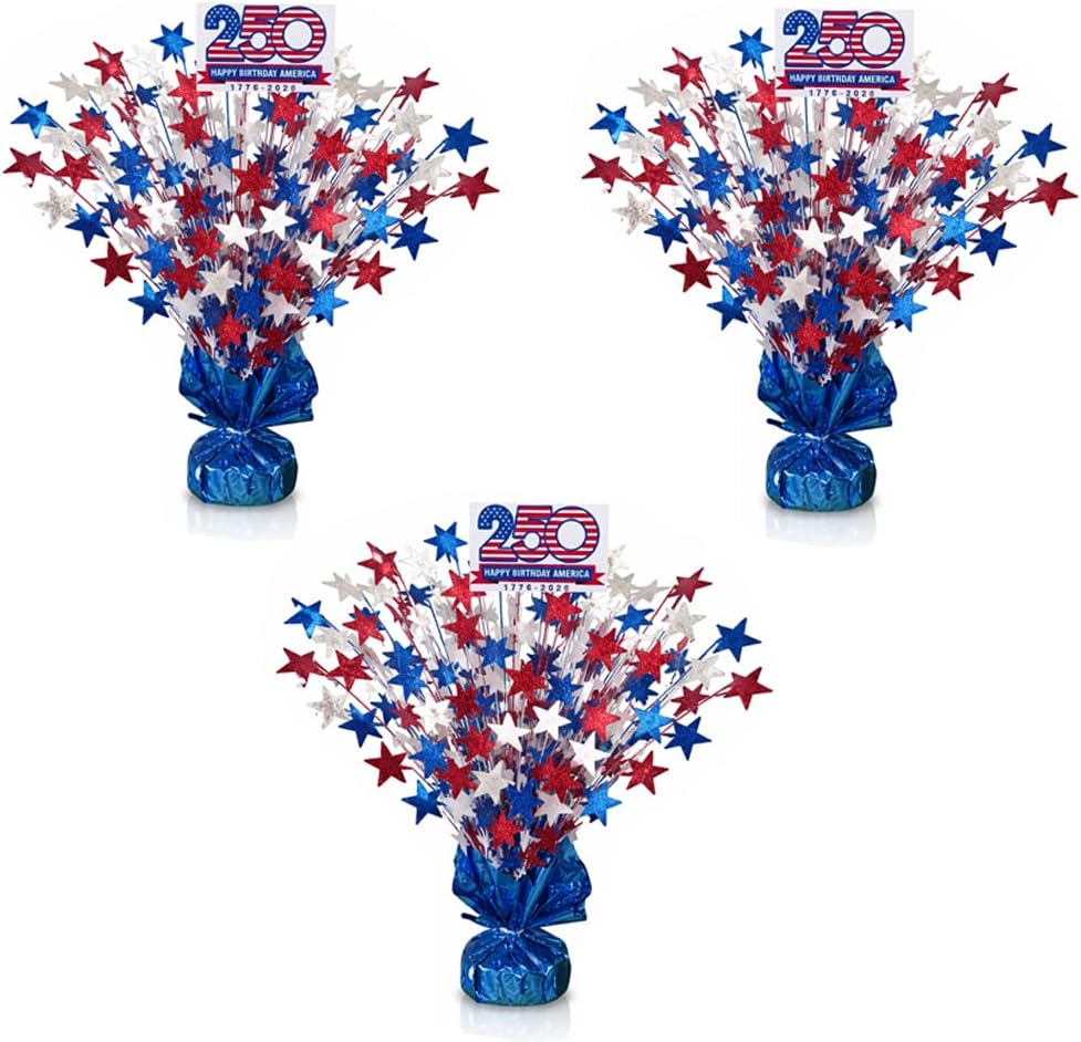 PMU Star Metallic Foil Spray Centerpiece Red White & Blue Patriotic Balloon Weights, 4th of July Decorations 15in / 7.34cm
