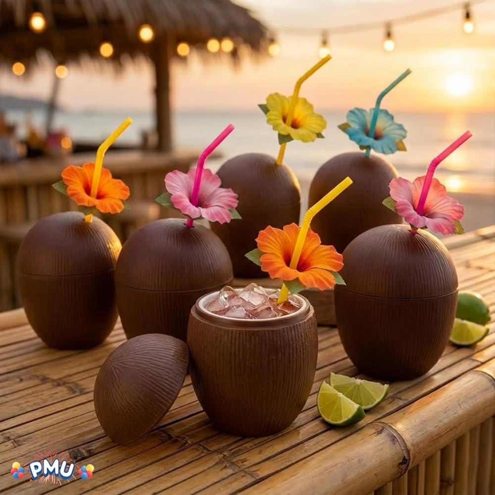 PMU Plastic Coconut & Pineapple Luau Cup with Flower, Luau Party Supplies, Hawaiian Party Decorations and Accessories