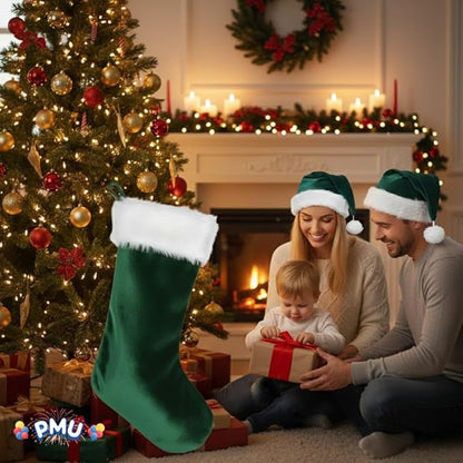 PMU Christmas Velvet Santa Hat & Stocking Set, 2-Piece Soft Plush Santa Hat and Holiday Stocking for Xmas Decor & Gifts