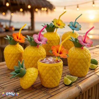 PMU Plastic Coconut & Pineapple Luau Cup with Flower, Luau Party Supplies, Hawaiian Party Decorations and Accessories