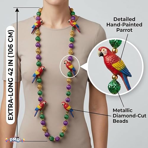 PMU 42 Inch Multicolor Parrot Mardi Gras Beads Necklace – Wearable Party Accessory for Mardi Gras, Hawaiian Luau & Tropical Celebrations