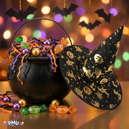PMU 2 Pc Halloween Witch Cauldron Set – 8 Inch Black Cauldron Bowl & Witch Hat for Halloween Party Decorations, Tabletop & Home Décor