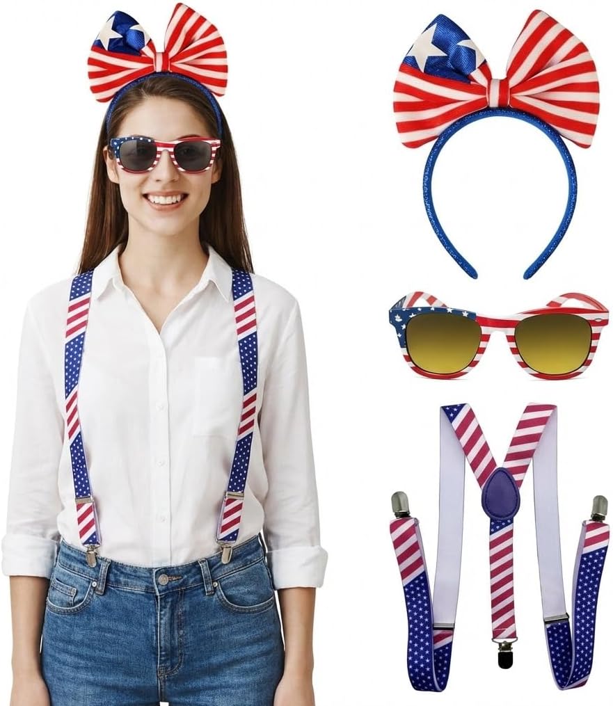 PMU Patriotic Accessories Set for 4th of July, Wig,Headband,Sunglasses,Suspender