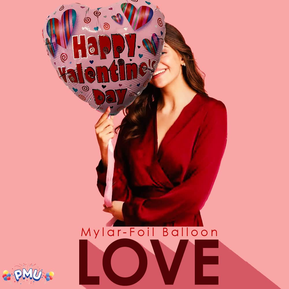 PMU Heart Shaped Happy Valentine's Day Balloons 18-Inch Mylar Idea Gift for Him or Her & Valentine Party Decorations