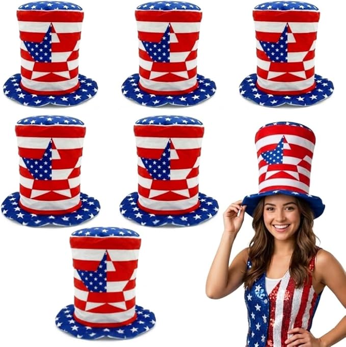 PMU Memorial Day Patriotic Stars & Stripes Top Hat - Red White & Blue Hair Accessory for Women & Men, 4th of July Decoration, Patriotic Accessories for Holidays Veterans & Independence Day