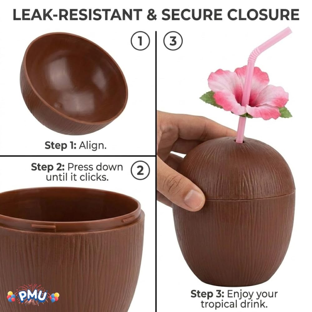 PMU Plastic Coconut & Pineapple Luau Cup with Flower, Luau Party Supplies, Hawaiian Party Decorations and Accessories