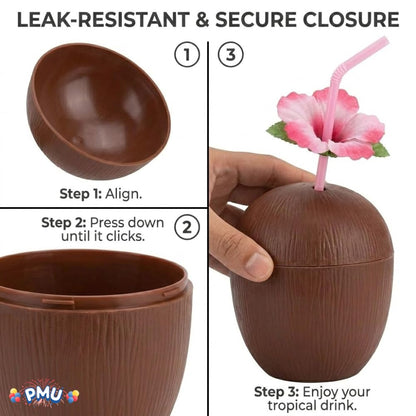 PMU Plastic Coconut & Pineapple Luau Cup with Flower, Luau Party Supplies, Hawaiian Party Decorations and Accessories