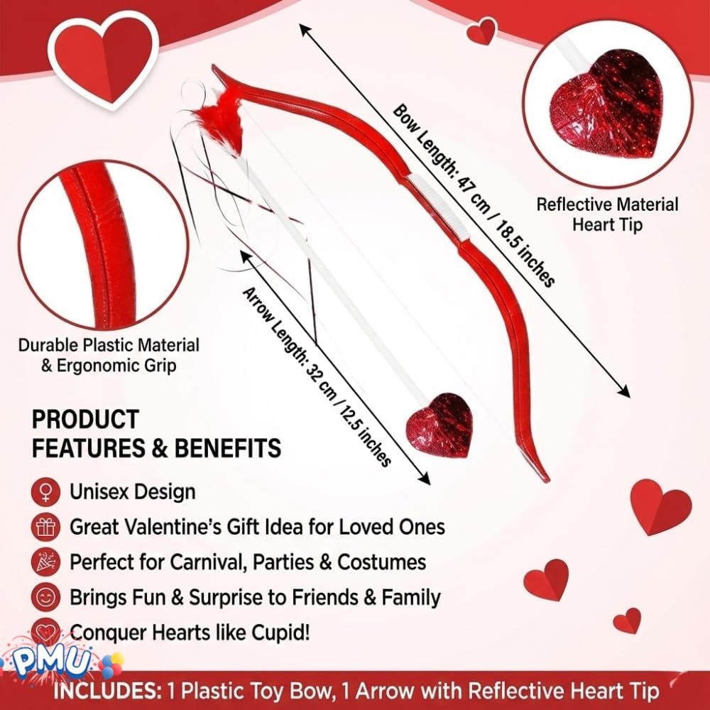 PMU Valentine’s Day Cupid Bow and Arrow - Arrow Bow Set for Valentines Day Events & Parties - Perfect for Photographic Posing for Any Event - Best Valentine Gift - Red
