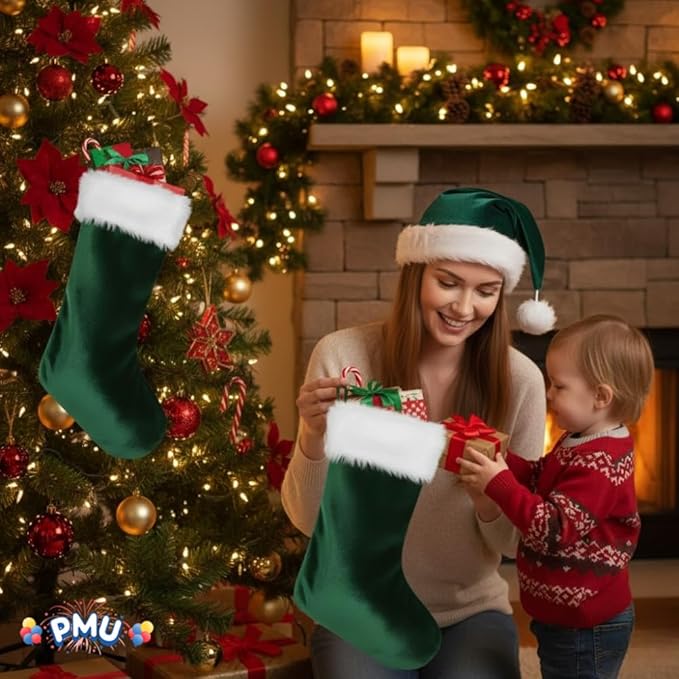 PMU Christmas Velvet Santa Hat & Stocking Set, 2-Piece Soft Plush Santa Hat and Holiday Stocking for Xmas Decor & Gifts