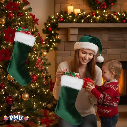 PMU Christmas Velvet Santa Hat & Stocking Set, 2-Piece Soft Plush Santa Hat and Holiday Stocking for Xmas Decor & Gifts