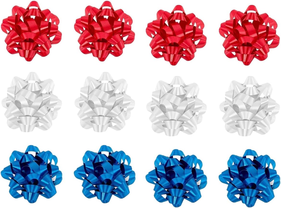 PMU Patriotic Decorative Bows & Ribbon, 4th of July Patriotic Decorations, Fourth of July Holiday Gift Wrapping Florist Patriotic Decorations, Red, White and Blue, Pull String Bows