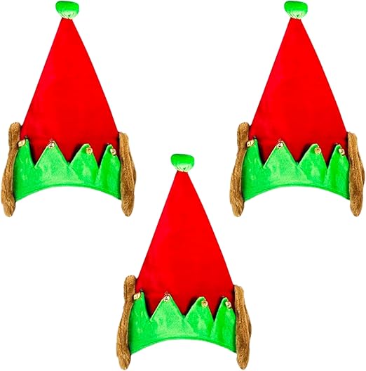 PMU Christmas Velvet Elf Hat w/Bells and Fur Ears Red and Green Hats for Adults, Kids, Caps Costume, Party Accessories