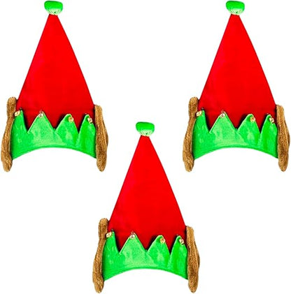 PMU Christmas Velvet Elf Hat w/Bells and Fur Ears Red and Green Hats for Adults, Kids, Caps Costume, Party Accessories