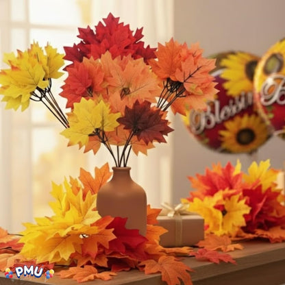 PMU Artificial Maple Leaves Branches, 12.5in Fake Fall Leaves for Thanksgiving Table Centerpieces Decoration 7 Leaves in Branch