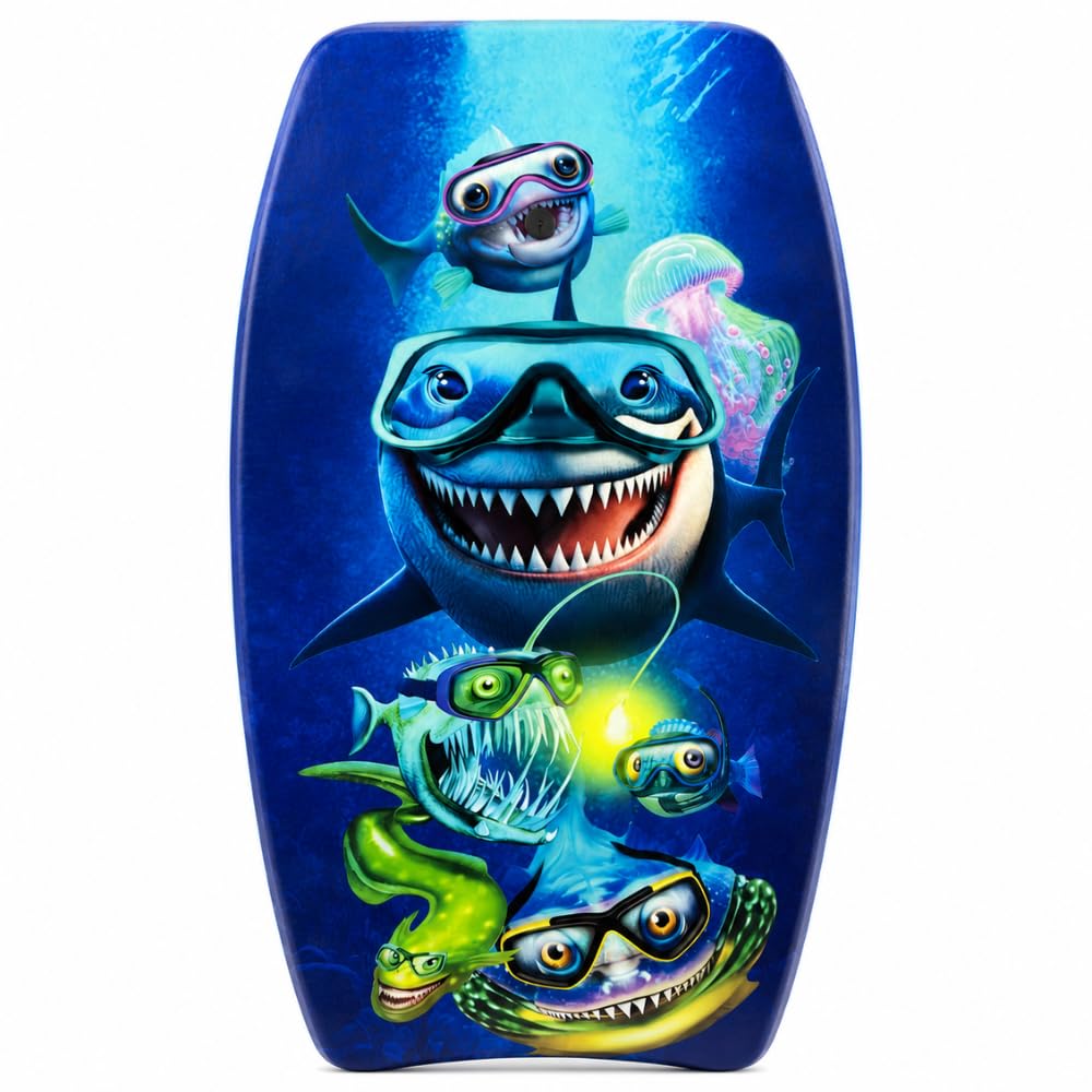 PMU 33 Inch Printed Bodyboard - Lightweight Wrist Leash Slick Bottom Boogie Board for Beach, Sea & Pool - Surfing Board for Kids, Teens & Adults Wave Conditions Pkg/1