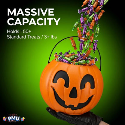 PMU Halloween Trick or Treat Jack-O-Lantern Carry Jack - Halloween Pumpkin Decorations - Candy Gift Basket for Kids - Pumpkin Bucket with Handles - 9 Inch w/Handle - Orange