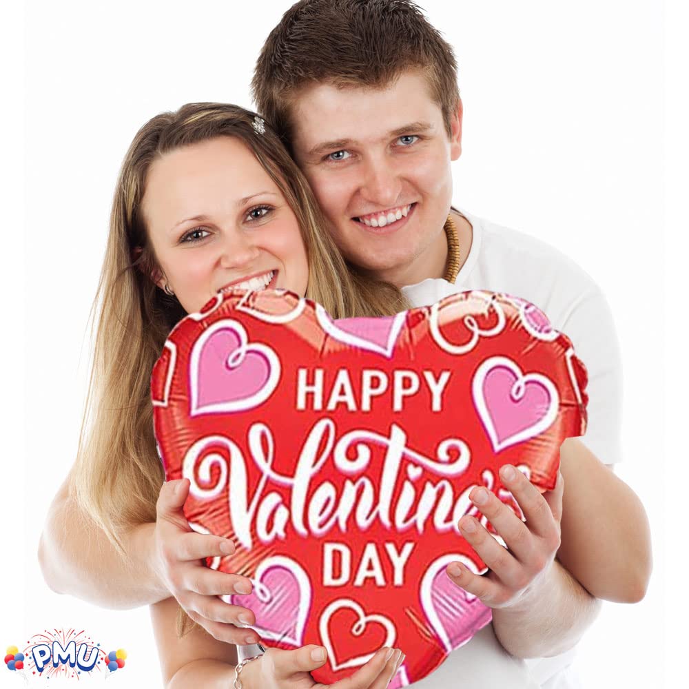 PMU Heart Shaped Happy Valentine's Day Balloons 18-Inch Mylar Idea Gift for Him or Her & Valentine Party Decorations