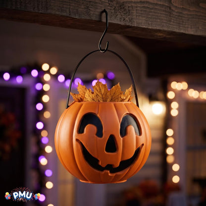 PMU Halloween Trick or Treat Jack-O-Lantern Carry Jack - Halloween Pumpkin Decorations - Candy Gift Basket for Kids - Pumpkin Bucket with Handles - 9 Inch w/Handle - Orange