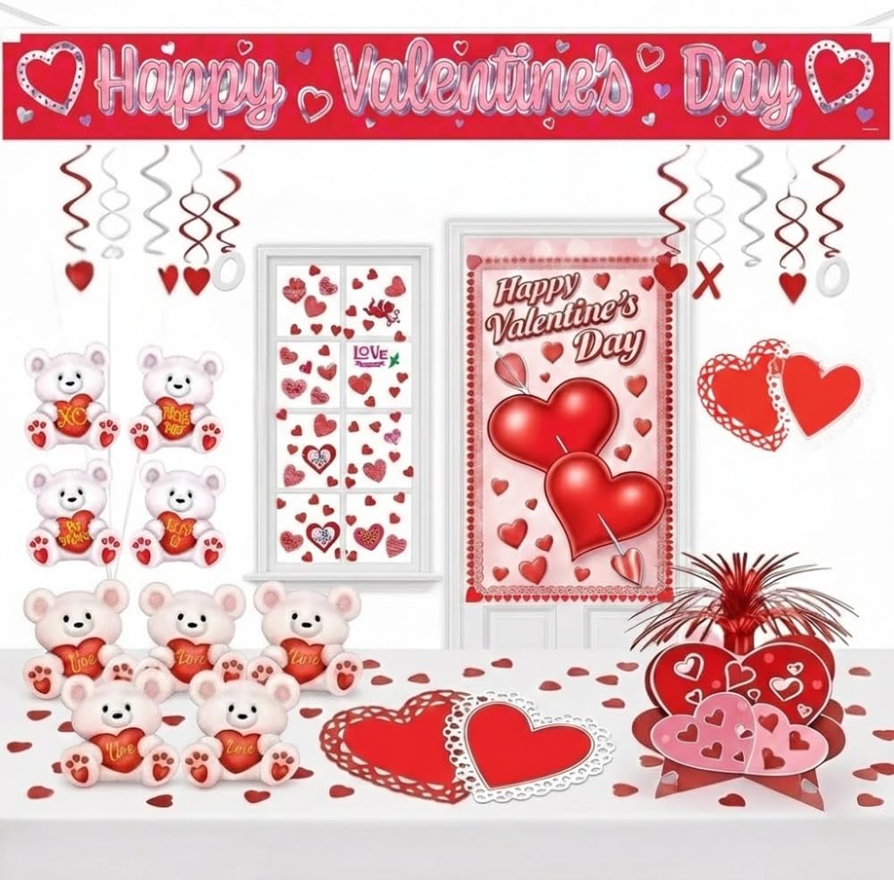 PMU Valentine’s Day Party Decorations Kit Love Decoration Centerpiece, Fringe Banner, Door Cover, Hearts & Cupid Clings, Cutouts For Valentines Room Décor