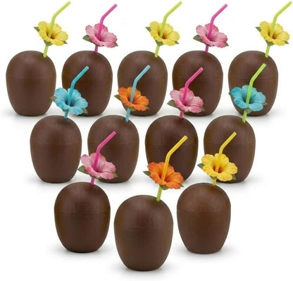 PMU Plastic Coconut & Pineapple Luau Cup with Flower, Luau Party Supplies, Hawaiian Party Decorations and Accessories