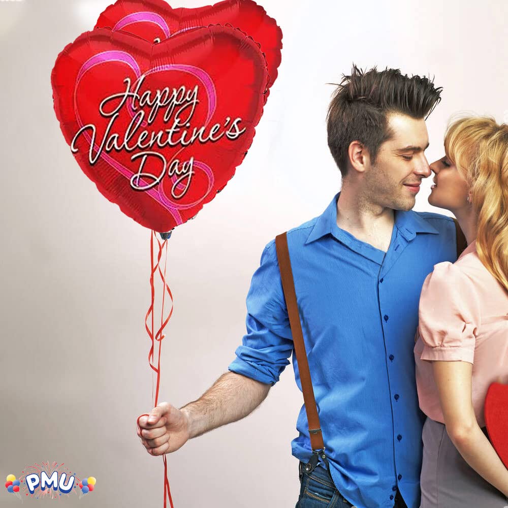 PMU Heart Shaped Happy Valentine's Day Balloons 18-Inch Mylar Idea Gift for Him or Her & Valentine Party Decorations