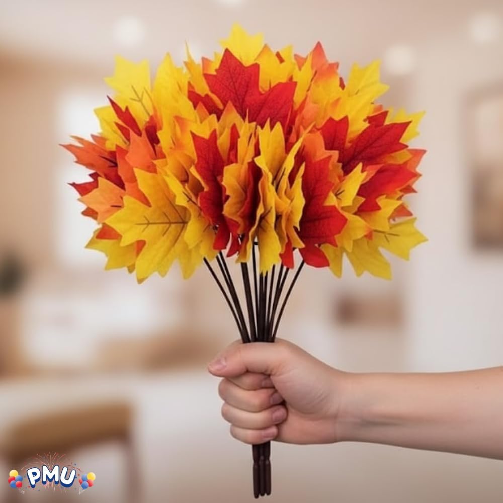 PMU Artificial Maple Leaves Branches, 12.5in Fake Fall Leaves for Thanksgiving Table Centerpieces Decoration 7 Leaves in Branch