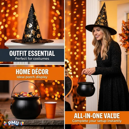 PMU 2 Pc Halloween Witch Cauldron Set – 8 Inch Black Cauldron Bowl & Witch Hat for Halloween Party Decorations, Tabletop & Home Décor