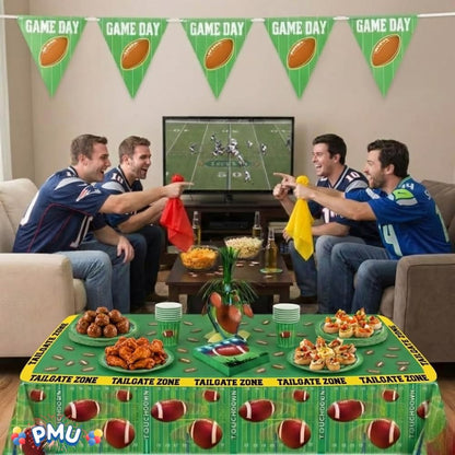 PMU 39 Pcs Football Party Decorations Kit with Plates, Napkins, Cups, Football Centerpiece, Penalty Flag, Banner, Tailgate Zone Tape, Confetti & Tablecloths for Super Game Bowl Party Decoration