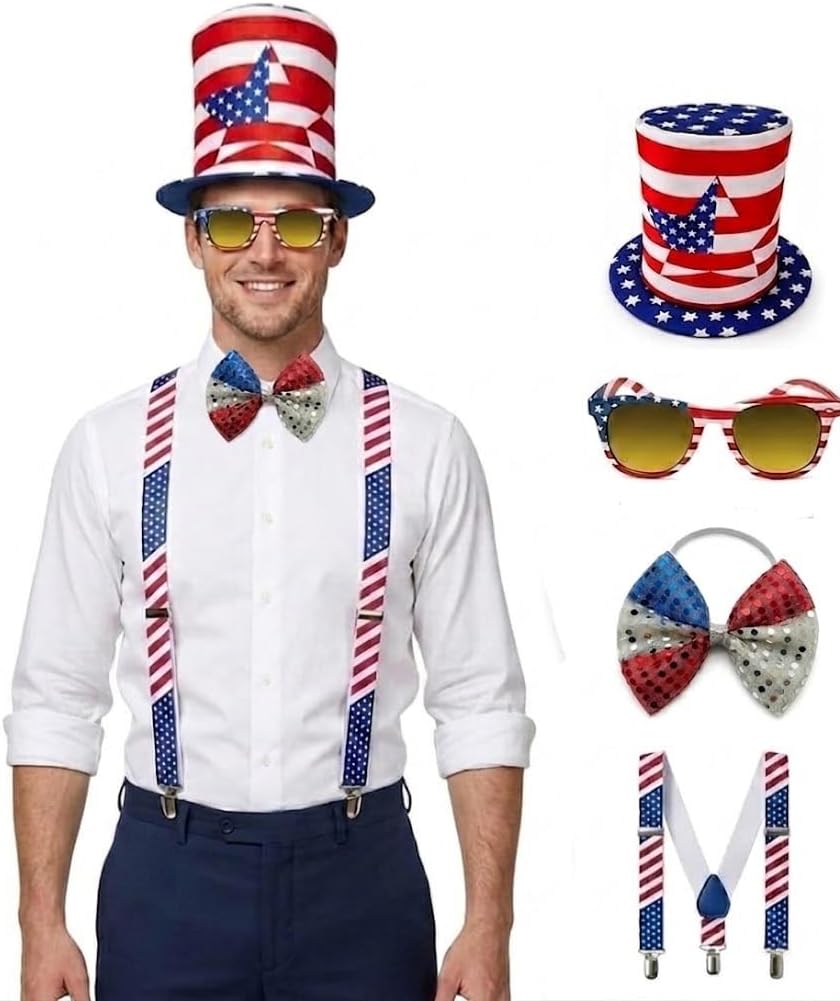 PMU Patriotic Accessories Set for 4th of July, Wig,Headband,Sunglasses,Suspender