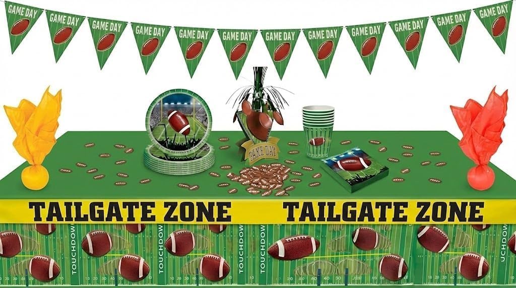 PMU 39 Pcs Football Party Decorations Kit with Plates, Napkins, Cups, Football Centerpiece, Penalty Flag, Banner, Tailgate Zone Tape, Confetti & Tablecloths for Super Game Bowl Party Decoration