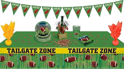 PMU 39 Pcs Football Party Decorations Kit with Plates, Napkins, Cups, Football Centerpiece, Penalty Flag, Banner, Tailgate Zone Tape, Confetti & Tablecloths for Super Game Bowl Party Decoration