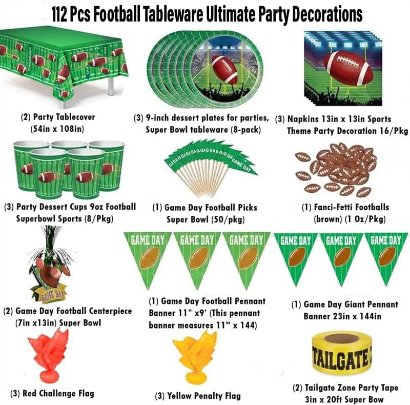 PMU 112 Pcs Football Party Decorations Kit with Plates, Napkins, Cups, Football Centerpiece, Penalty Flag, Banner, Tailgate Zone Tape, Confetti & Tablecloths for Super Game Bowl Party Decoration