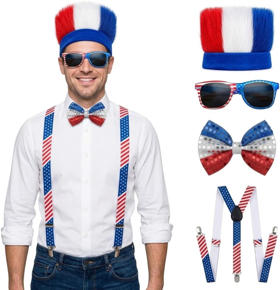 PMU Patriotic Accessories Set for 4th of July, Wig,Headband,Sunglasses,Suspender
