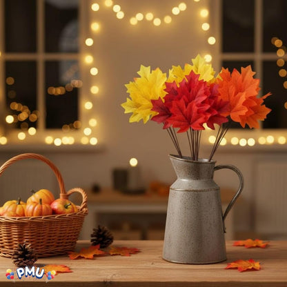 PMU Artificial Maple Leaves Branches, 12.5in Fake Fall Leaves for Thanksgiving Table Centerpieces Decoration 7 Leaves in Branch