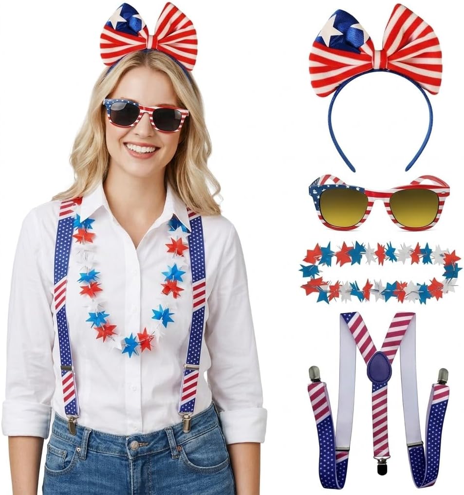 PMU Patriotic Accessories Set for 4th of July, Wig,Headband,Sunglasses,Suspender