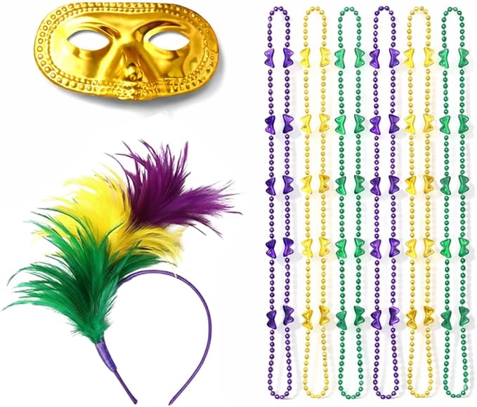 PMU Mardi Gras Party set Headband, Masks & Beads Festive Costume Set for Mardi Gras Themed Party