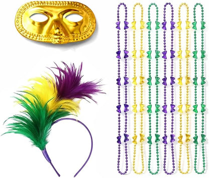 PMU Mardi Gras Party set Headband, Masks & Beads Festive Costume Set for Mardi Gras Themed Party