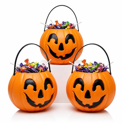 PMU Halloween Trick or Treat Jack-O-Lantern Carry Jack - Halloween Pumpkin Decorations - Candy Gift Basket for Kids - Pumpkin Bucket with Handles - 9 Inch w/Handle - Orange