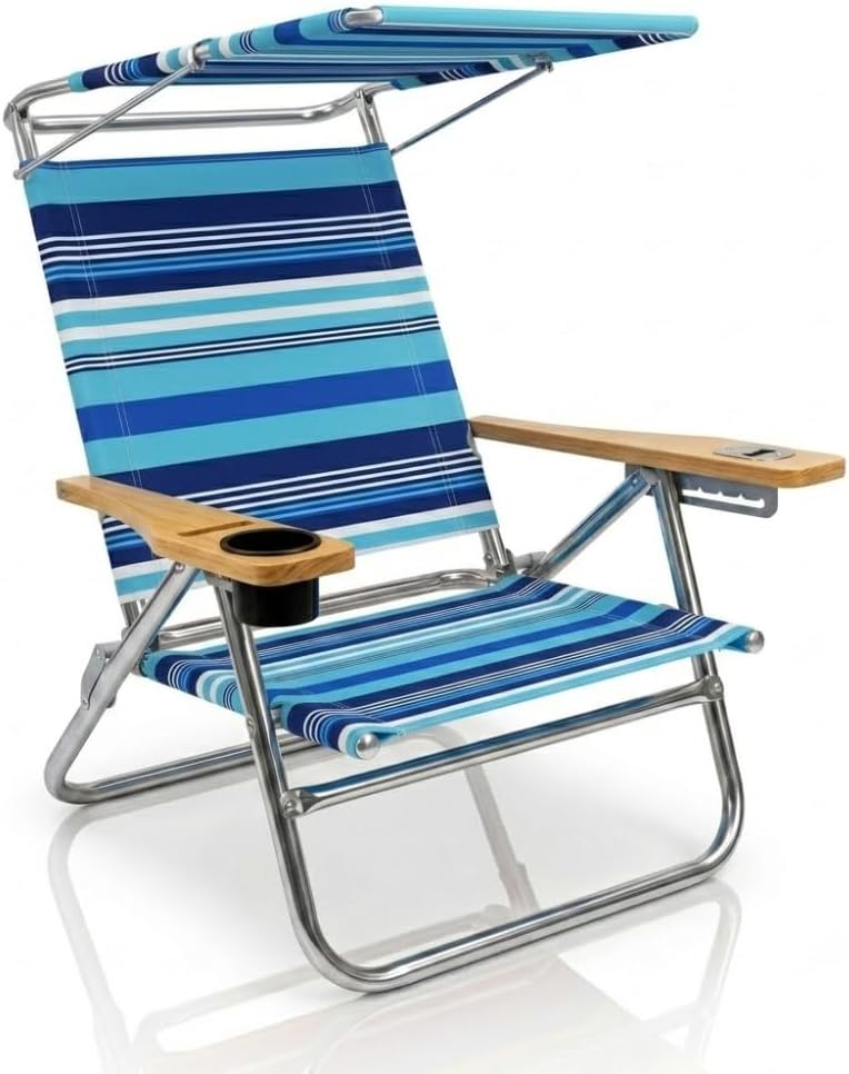 PMU 3 Position High Seat Beach Chair & Sand Chair, w/Canopy | 3-Position Recline, Aluminum Frame, Built-In Canopy, Portable for Beach & Outdoors