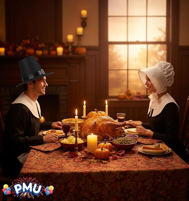 2Pc Pilgrim Hat & White Colonial Bonnet Set Thanksgiving Costume for Adults
