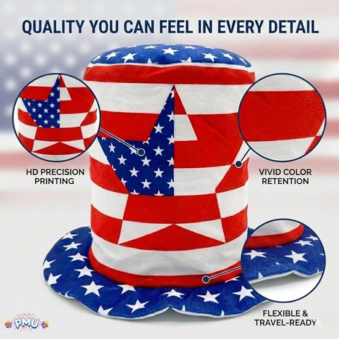 PMU Memorial Day Patriotic Stars & Stripes Top Hat - Red White & Blue Hair Accessory for Women & Men, 4th of July Decoration, Patriotic Accessories for Holidays Veterans & Independence Day