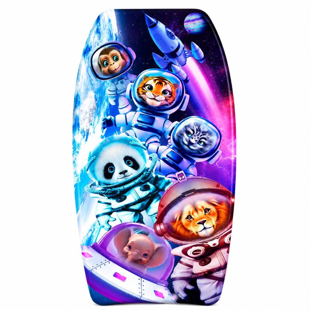 PMU 33 Inch Printed Bodyboard - Lightweight Wrist Leash Slick Bottom Boogie Board for Beach, Sea & Pool - Surfing Board for Kids, Teens & Adults Wave Conditions Pkg/1