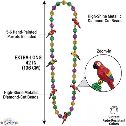 PMU 42 Inch Multicolor Parrot Mardi Gras Beads Necklace – Wearable Party Accessory for Mardi Gras, Hawaiian Luau & Tropical Celebrations
