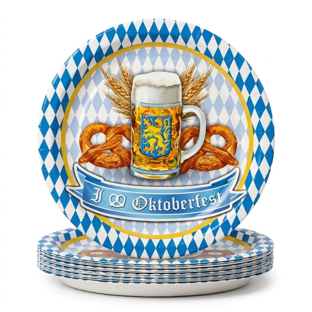 PMU Oktoberfest 9 Inch Dessert Plates, German Beer Festival Party Tableware