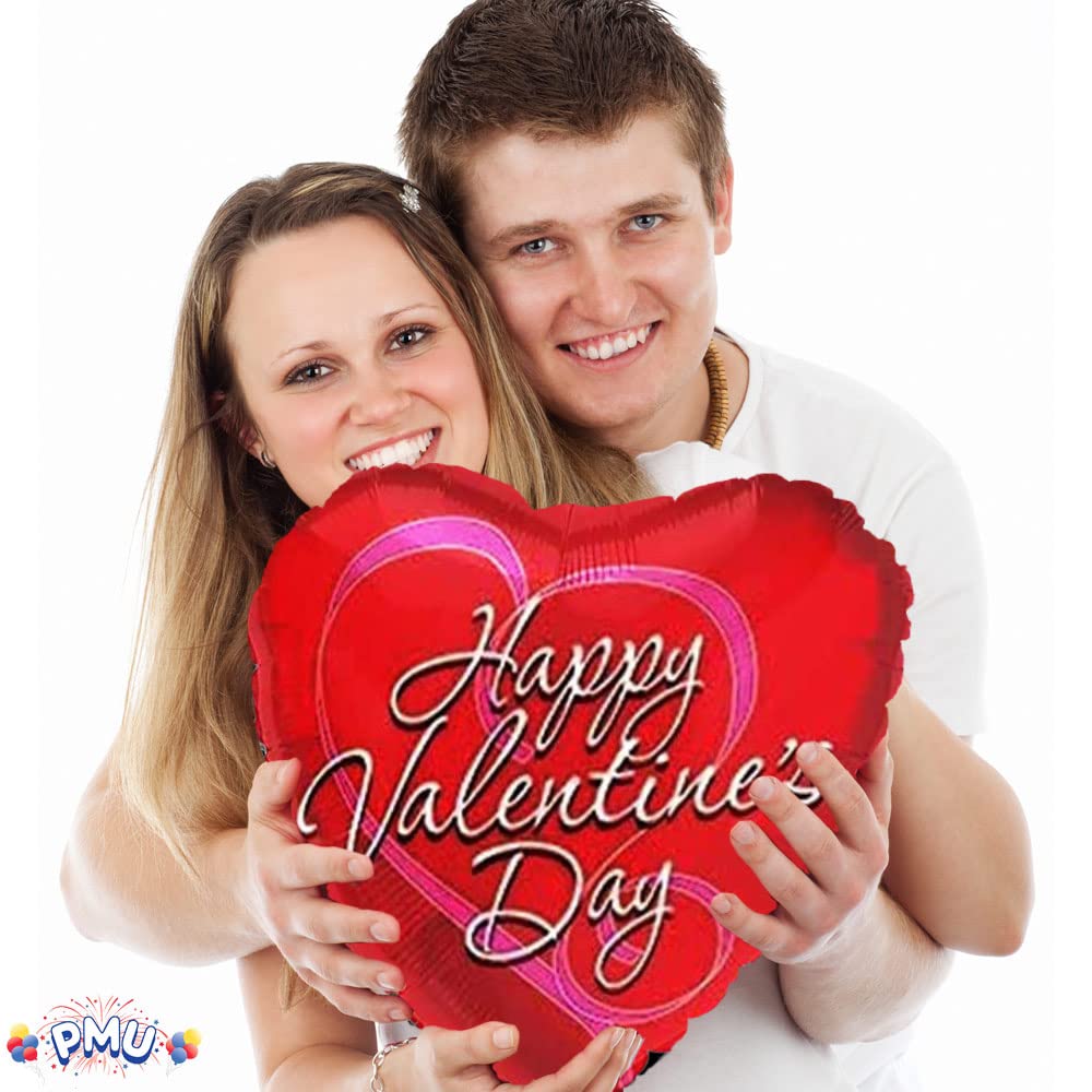 PMU Heart Shaped Happy Valentine's Day Balloons 18-Inch Mylar Idea Gift for Him or Her & Valentine Party Decorations