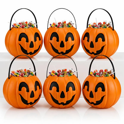 PMU Halloween Trick or Treat Jack-O-Lantern Carry Jack - Halloween Pumpkin Decorations - Candy Gift Basket for Kids - Pumpkin Bucket with Handles - 9 Inch w/Handle - Orange