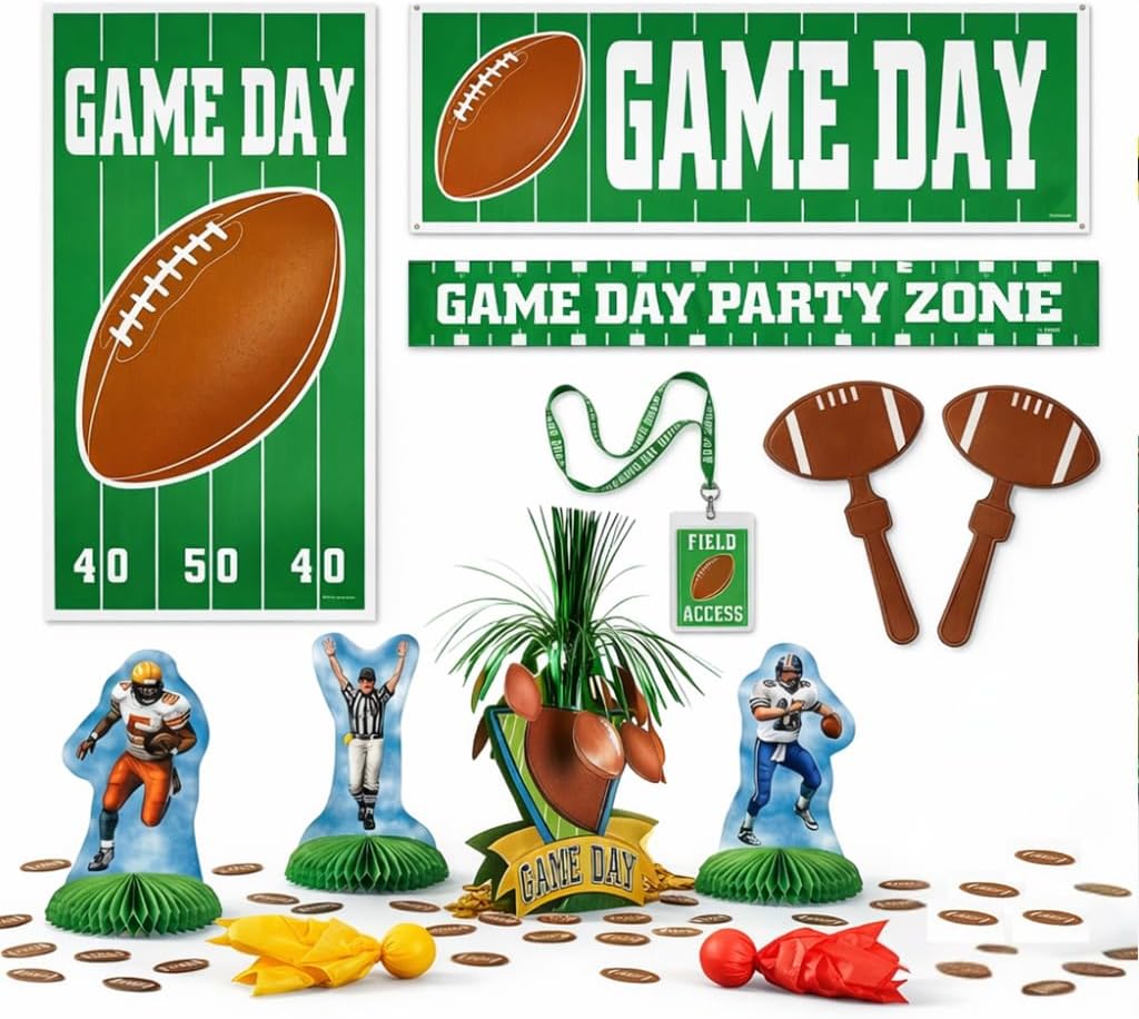 PMU 12 Pcs Football Party Decorations Kit with Centerpiece, Door Cover, Banner, Red & Yellow Flags for Super Game Bowl Party Decoration