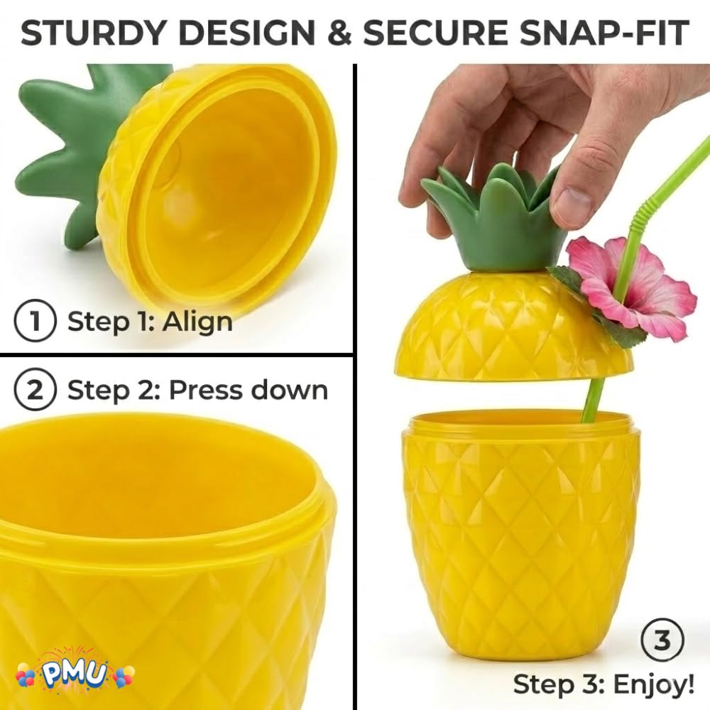 PMU Plastic Coconut & Pineapple Luau Cup with Flower, Luau Party Supplies, Hawaiian Party Decorations and Accessories