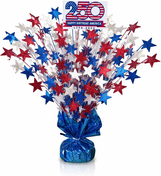 PMU Star Metallic Foil Spray Centerpiece Red White & Blue Patriotic Balloon Weights, 4th of July Decorations 15in / 7.34cm