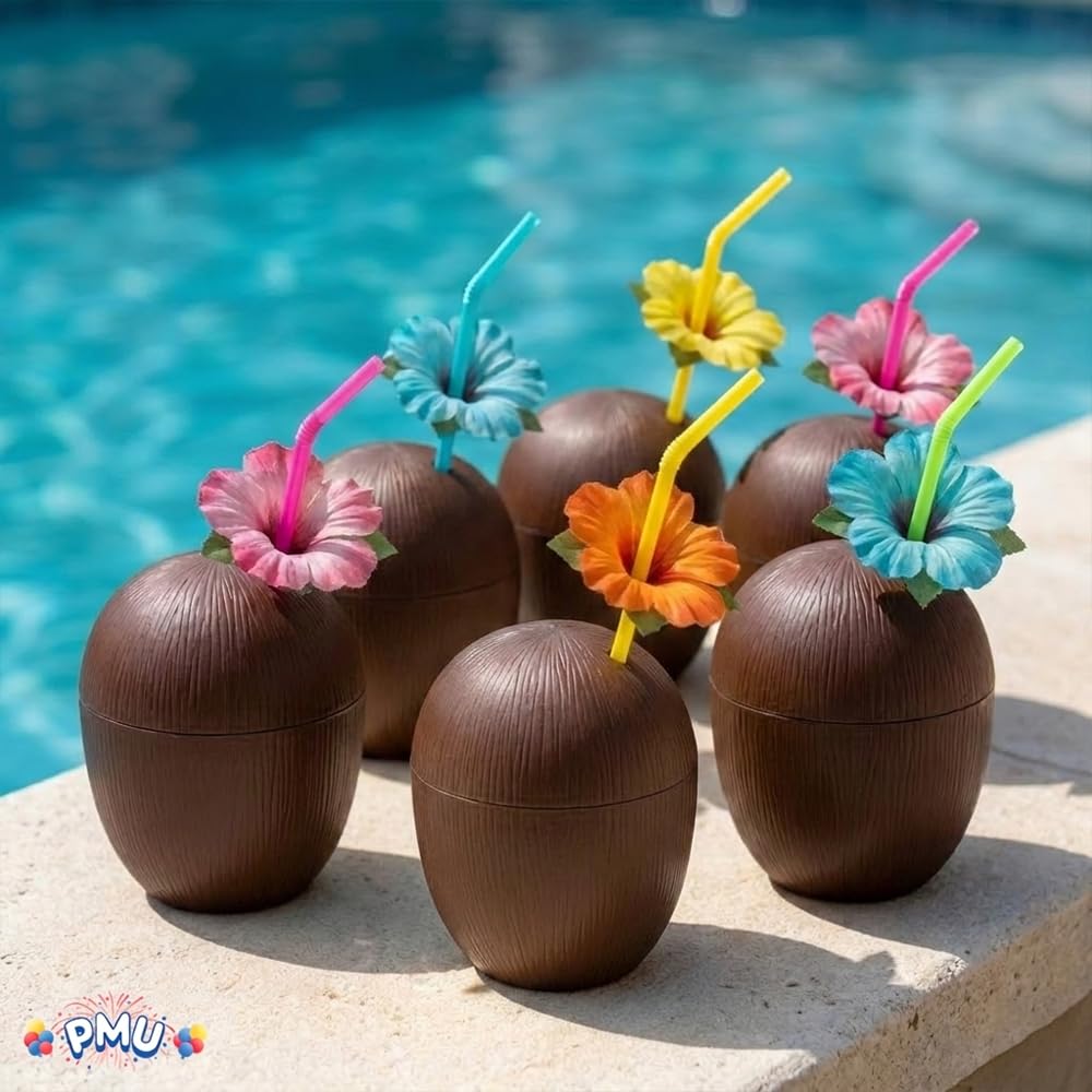 PMU Plastic Coconut & Pineapple Luau Cup with Flower, Luau Party Supplies, Hawaiian Party Decorations and Accessories